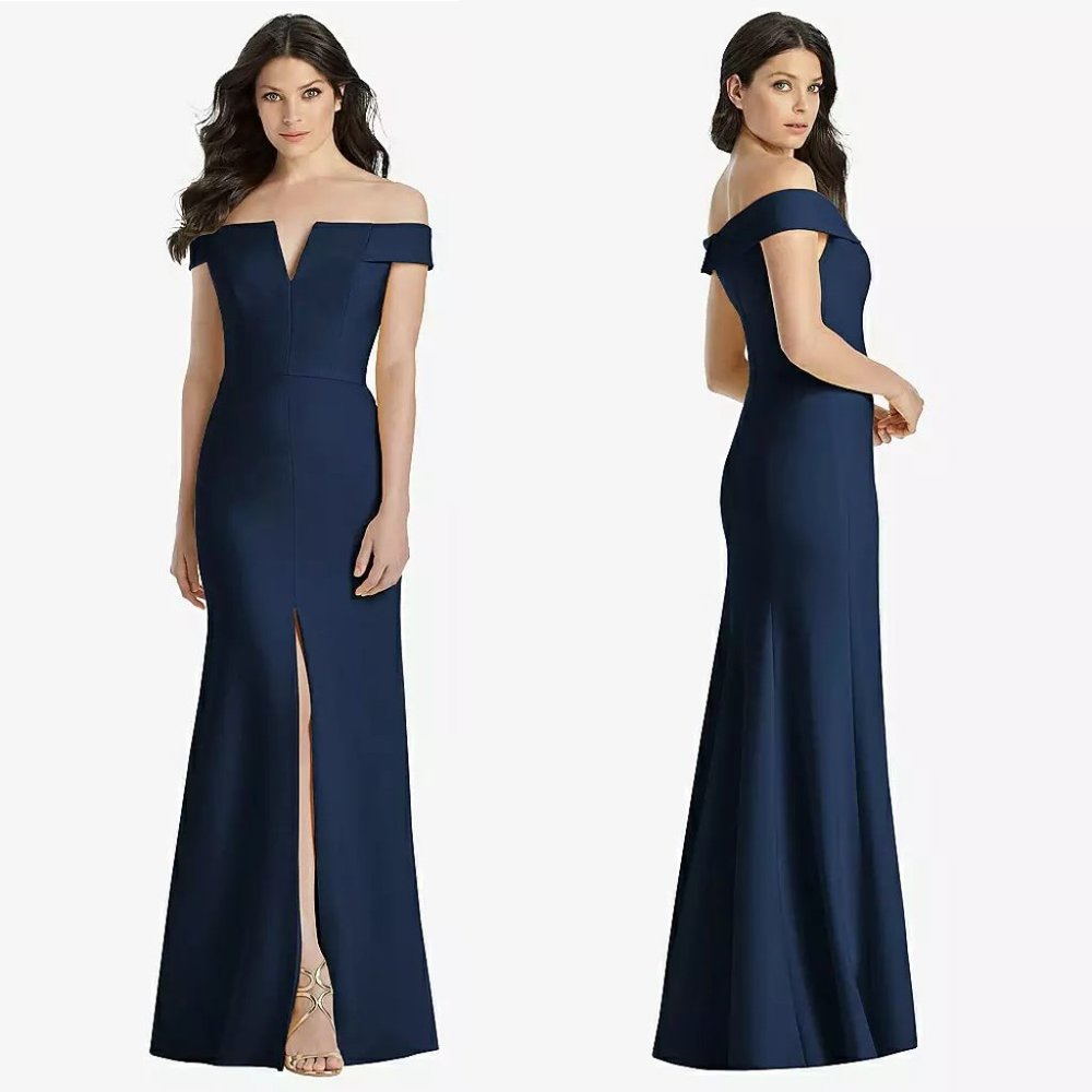Dessy Collection Off-the-Shoulder Notch Trumpet Gown w/Front Slit Midnight Navy - Picture 1 of 2